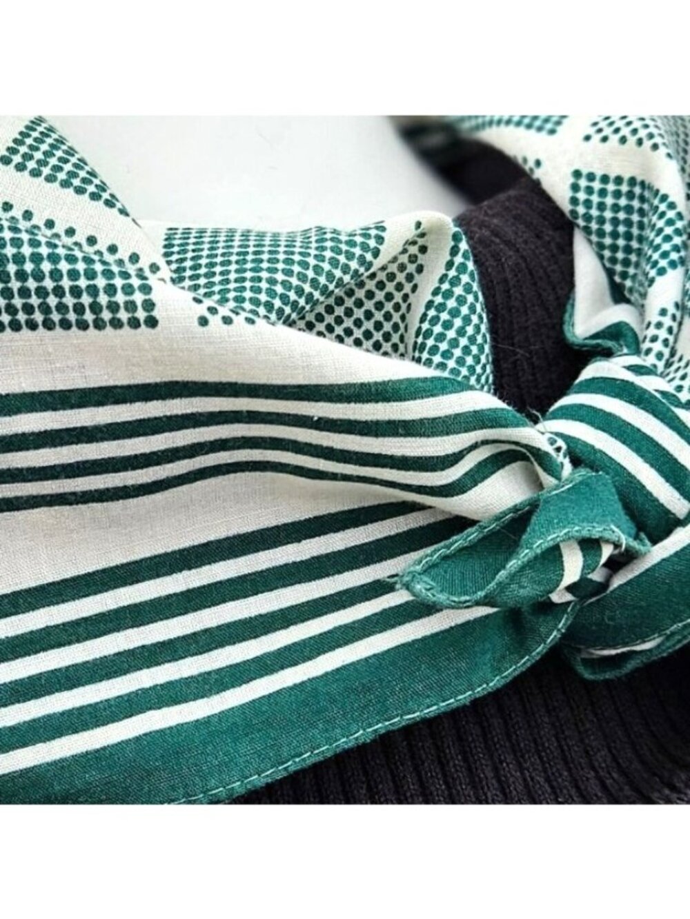 Vintage Echo Green White Stripe Grid Cotton Square Scarf 25x26 - Picture 8 of 9